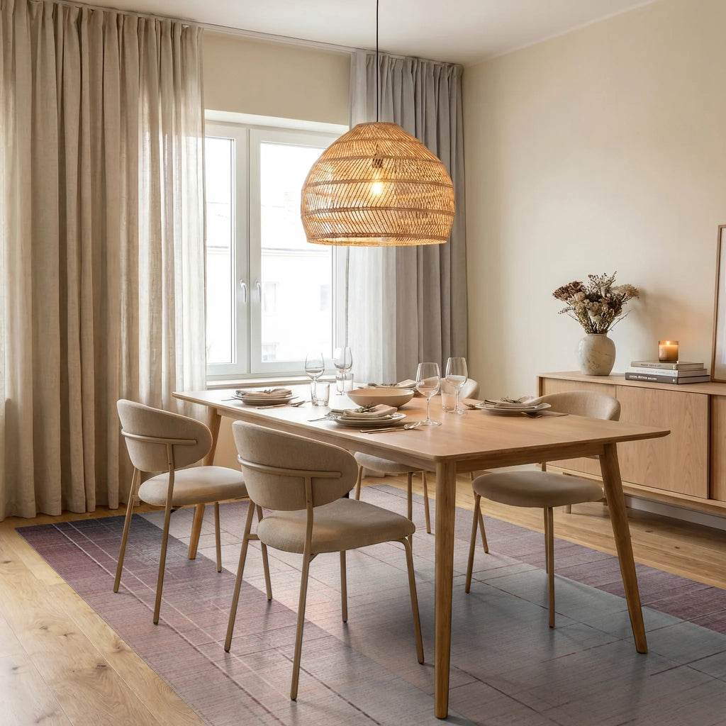 Terracotta Subtle Lined Panel Rug - Dining Room View