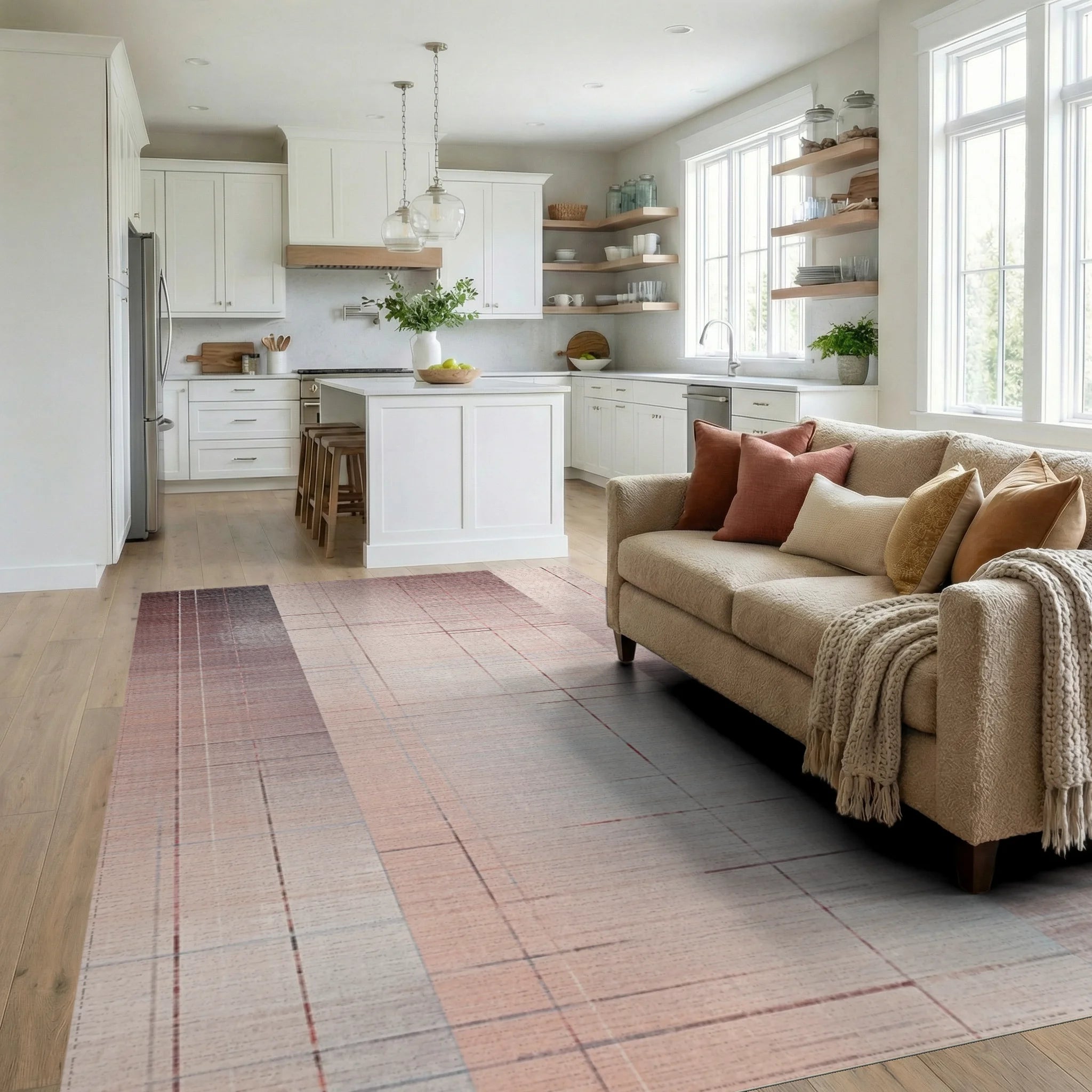 Terracotta Subtle Lined Panel Rug - Living Room View