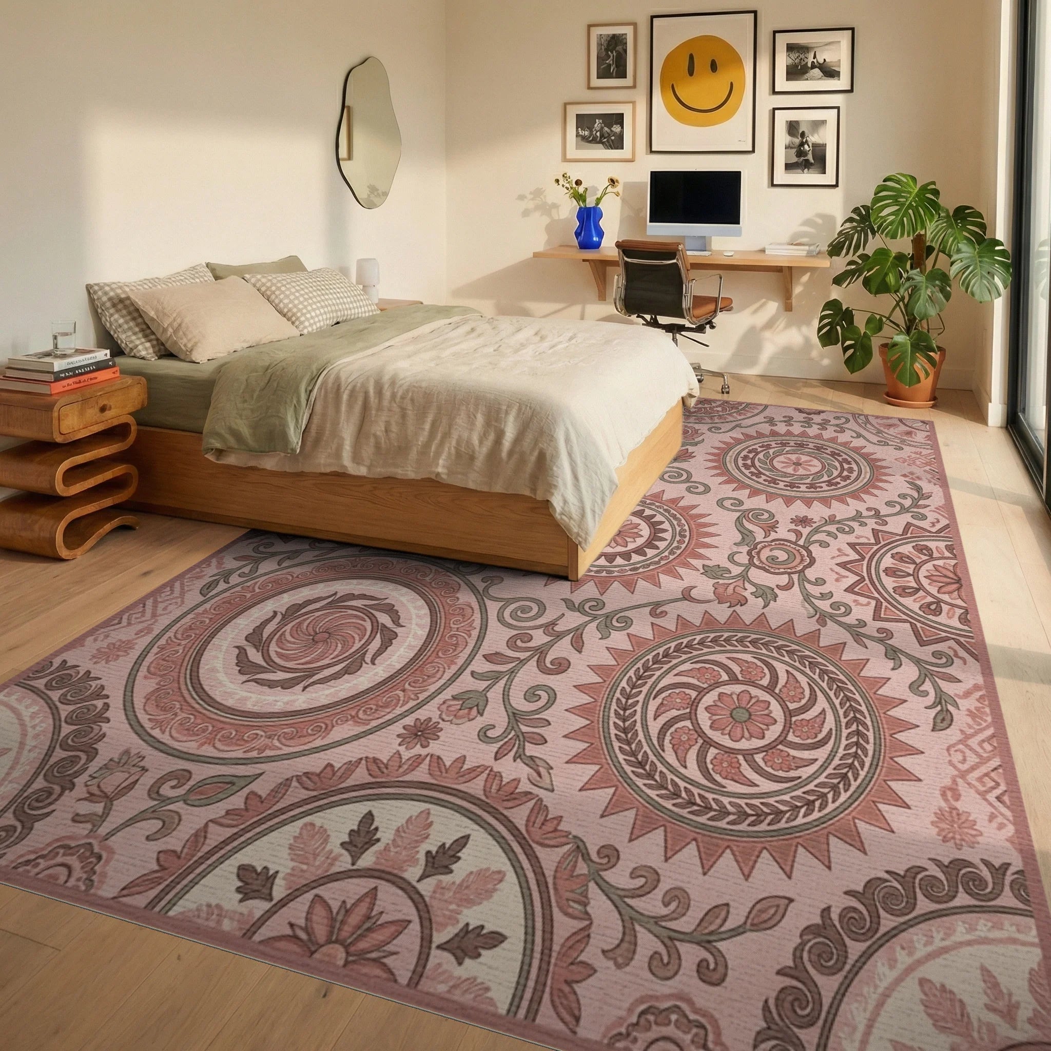 Terracotta Sunburst Medallion Floral Rug Bedroom View