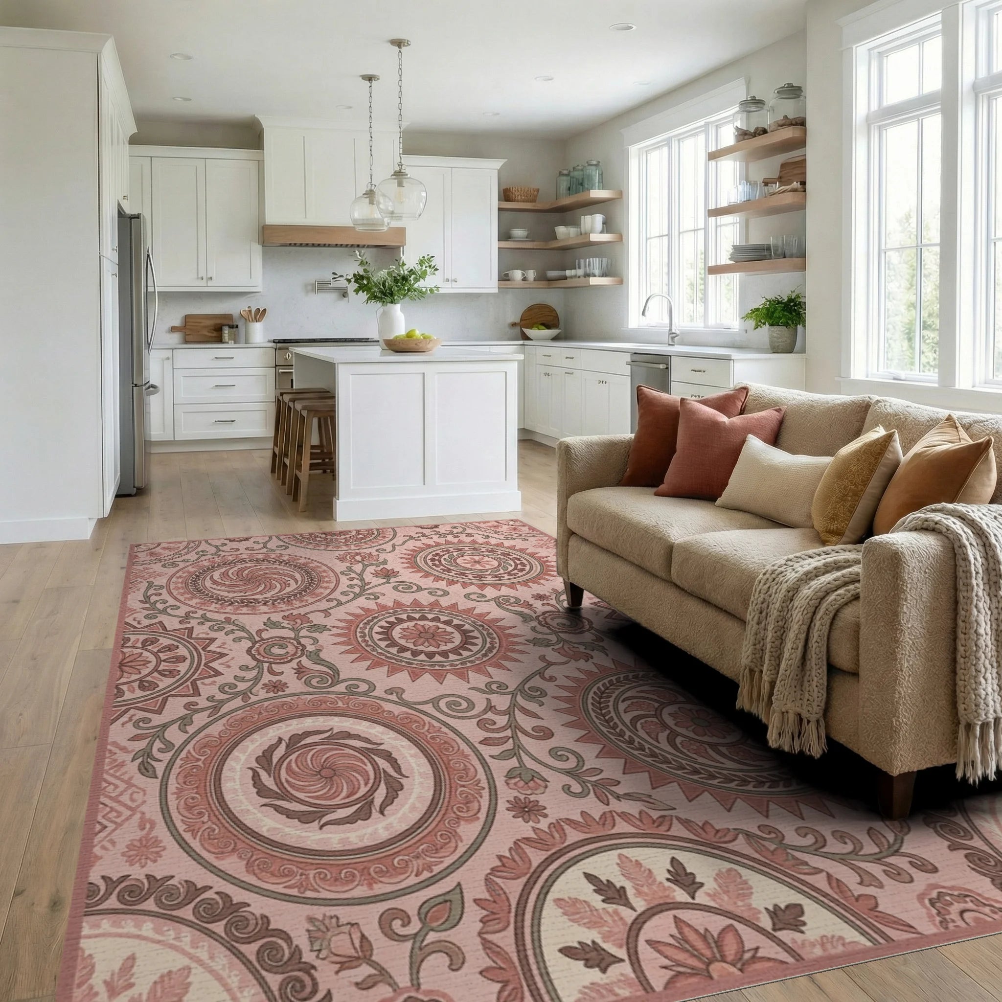 Terracotta Sunburst Medallion Floral Rug Living Room View