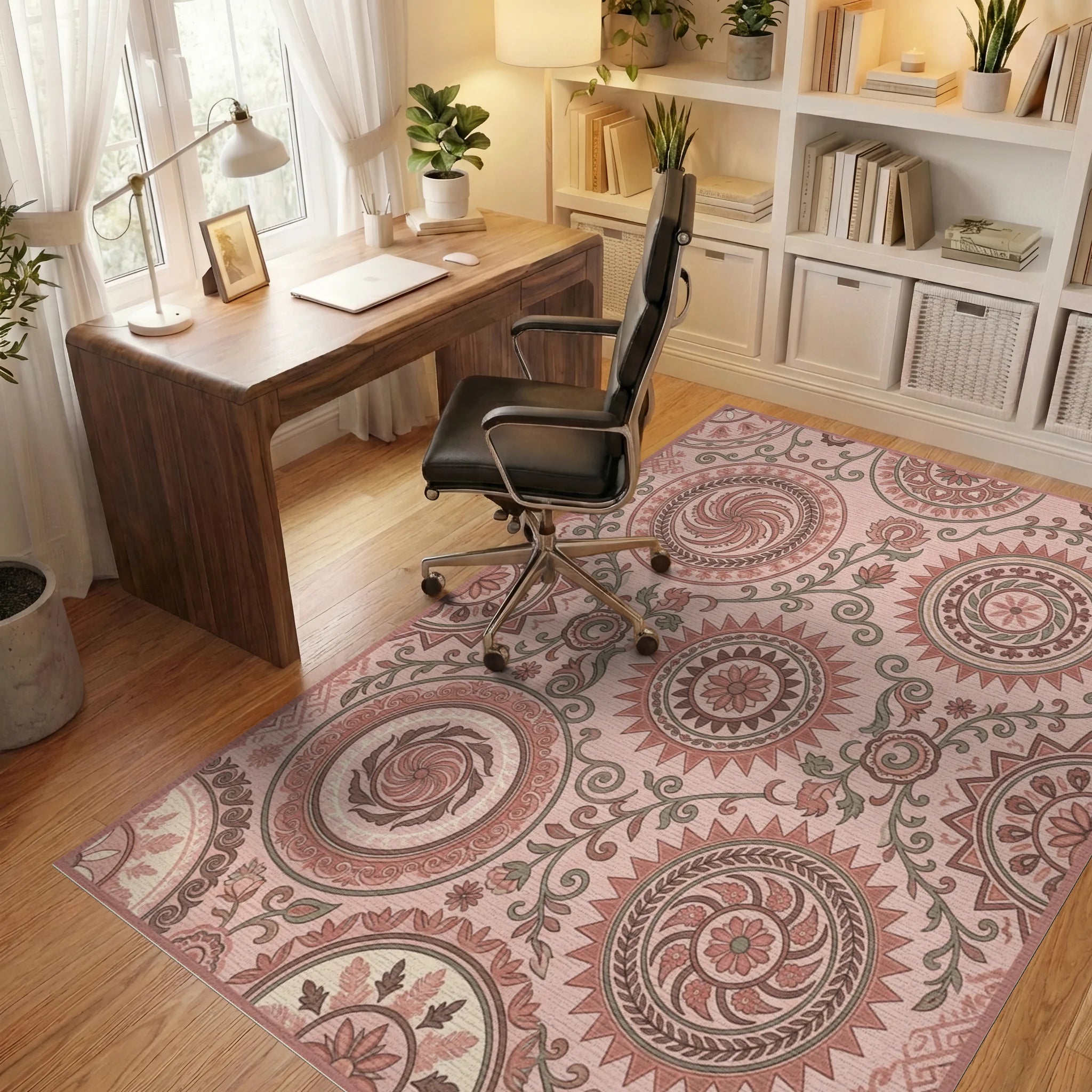 Terracotta Sunburst Medallion Floral Rug Office View