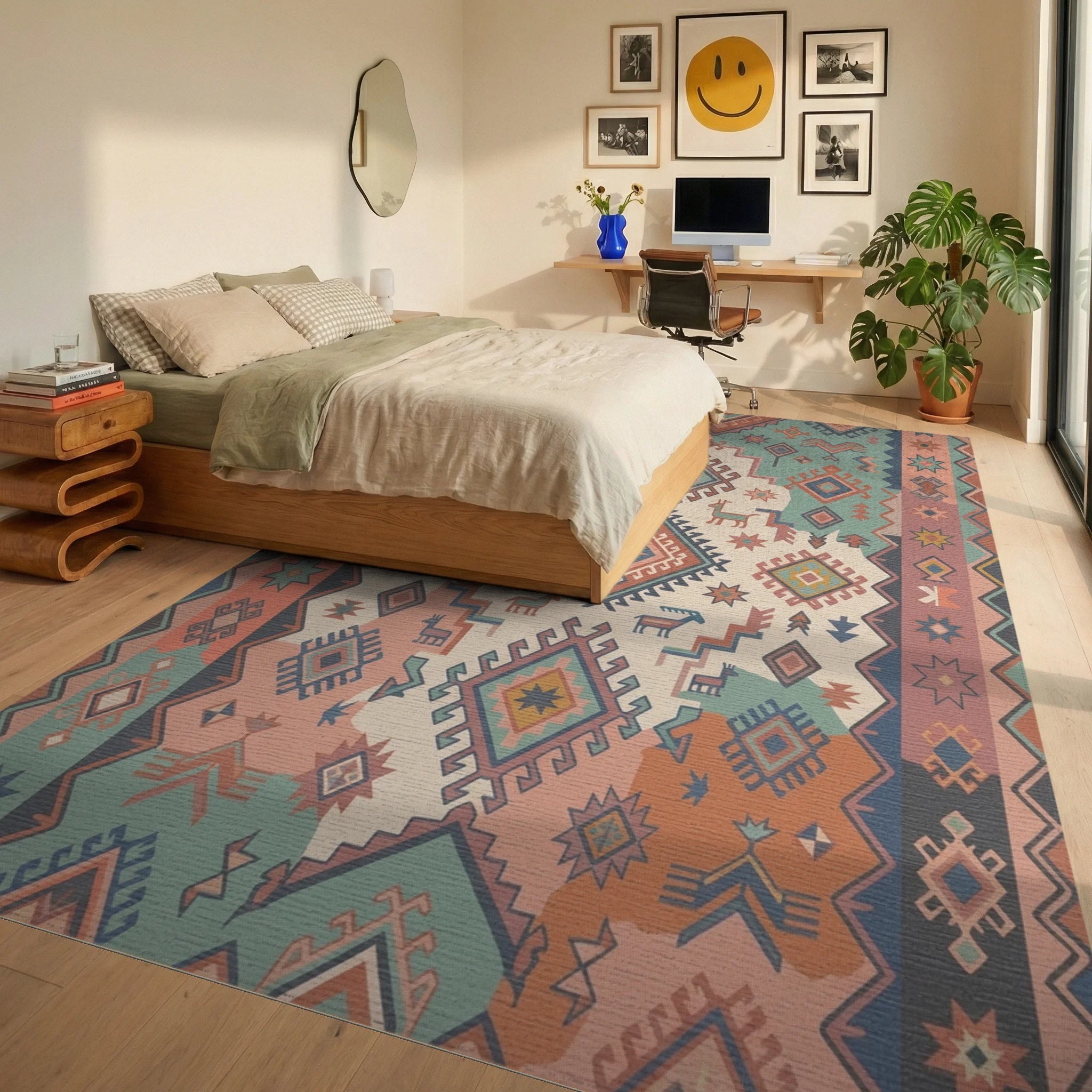 Terracotta Teal Geometric Animal Medallion Rug Bedroom View
