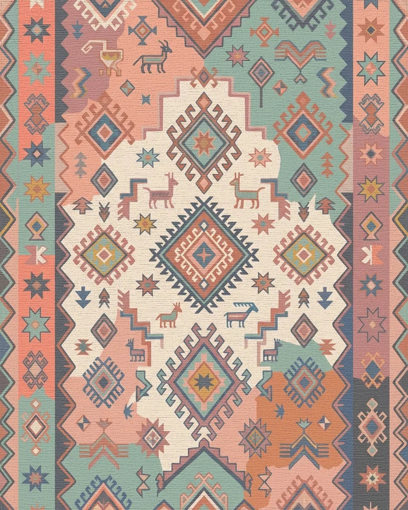 Terracotta Teal Geometric Animal Medallion Rug - Cutout View