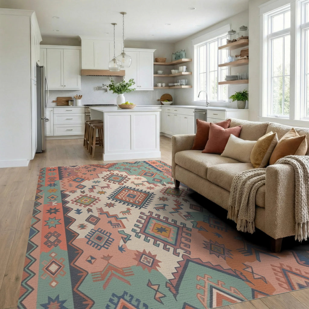 Terracotta Teal Geometric Animal Medallion Rug Living Room View