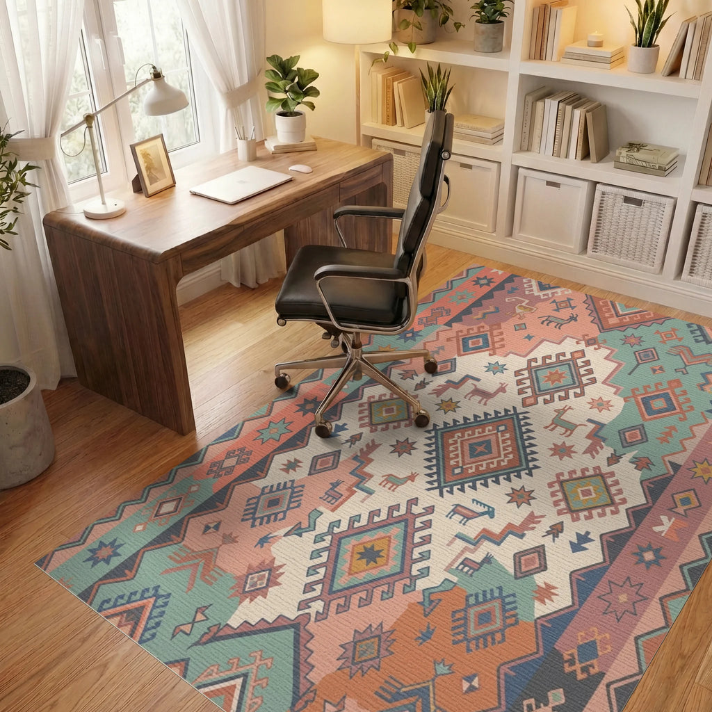 Terracotta Teal Geometric Animal Medallion Rug Office View