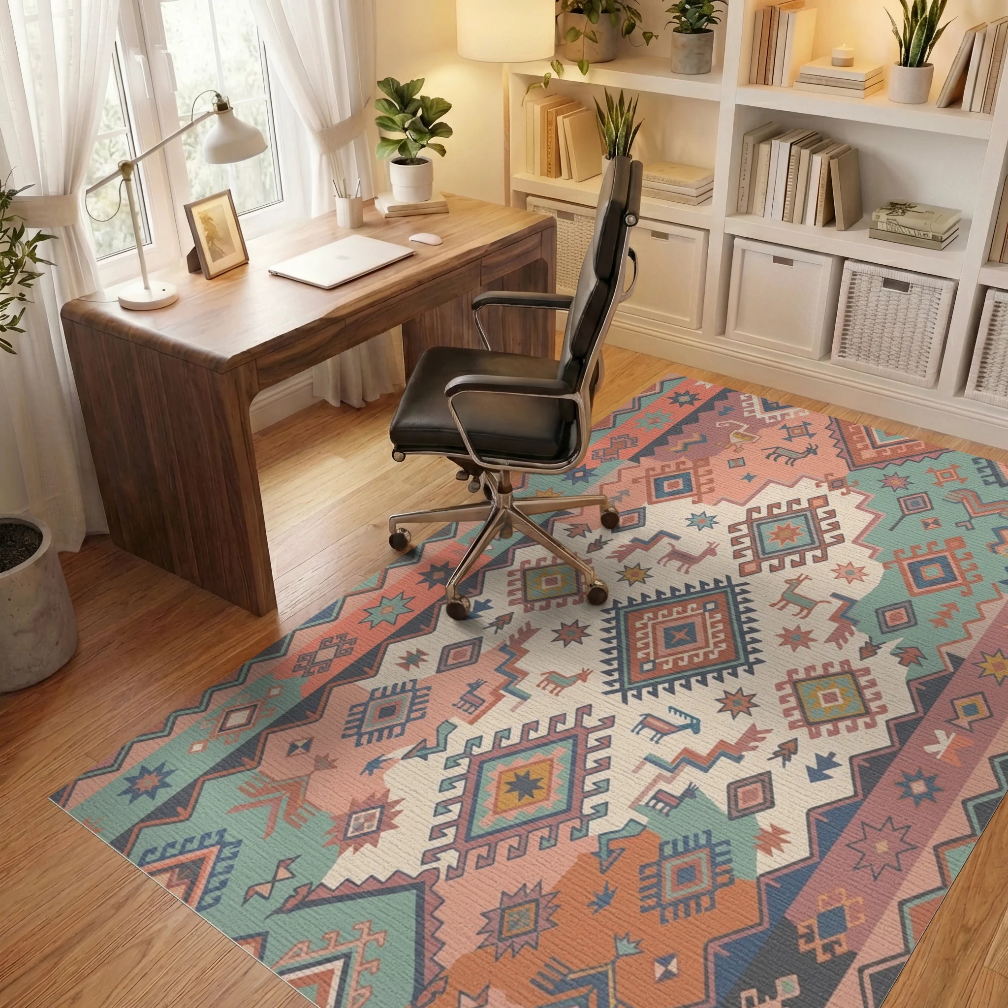 Terracotta Teal Geometric Animal Medallion Rug Office View