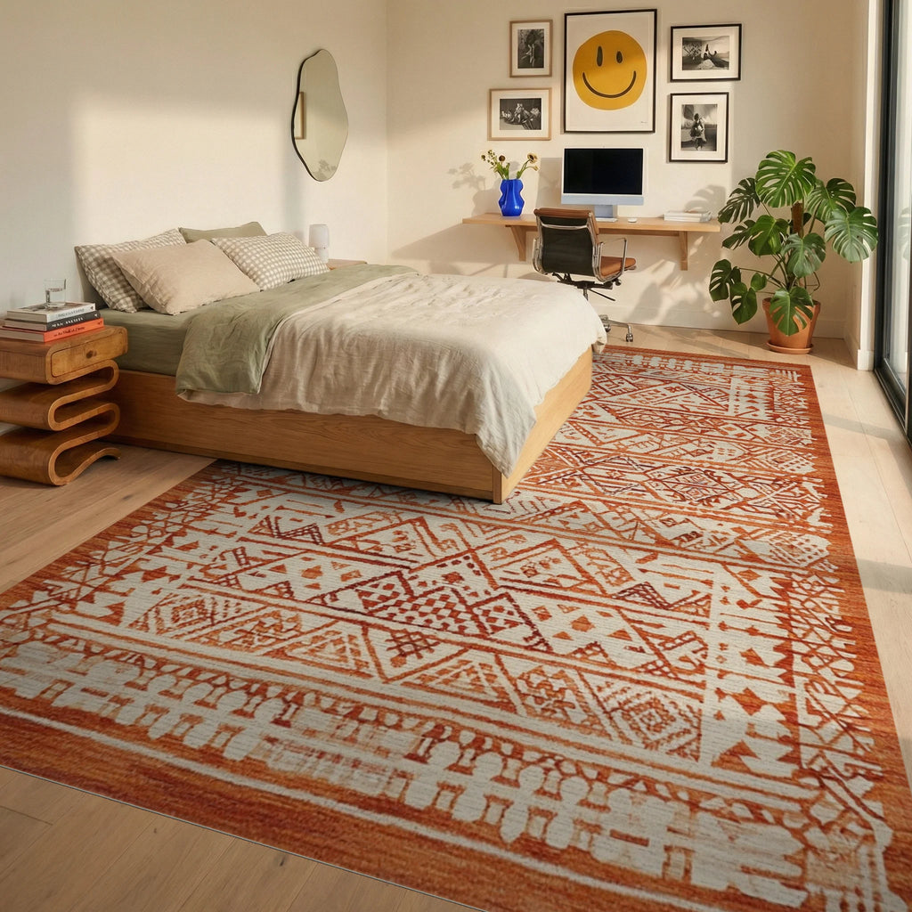 Terracotta Tribal Geometric Stripe Rug - Bedroom View