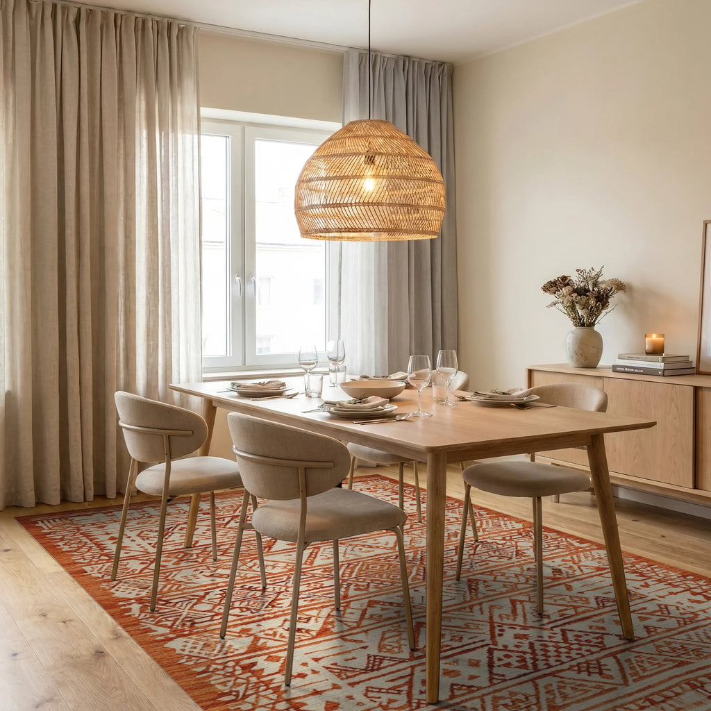 Terracotta Tribal Geometric Stripe Rug - Dining Room View