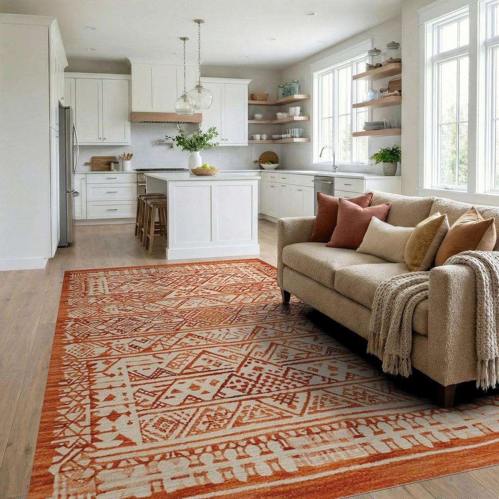 Terracotta Tribal Geometric Stripe Rug - Living Room View