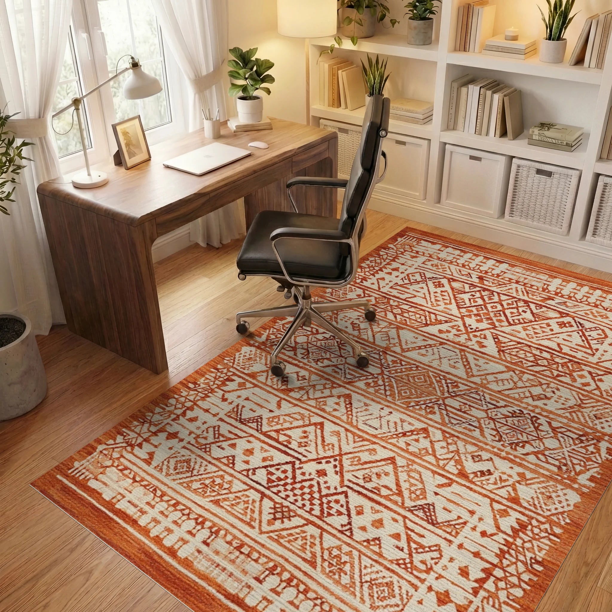Terracotta Tribal Geometric Stripe Rug - Office View