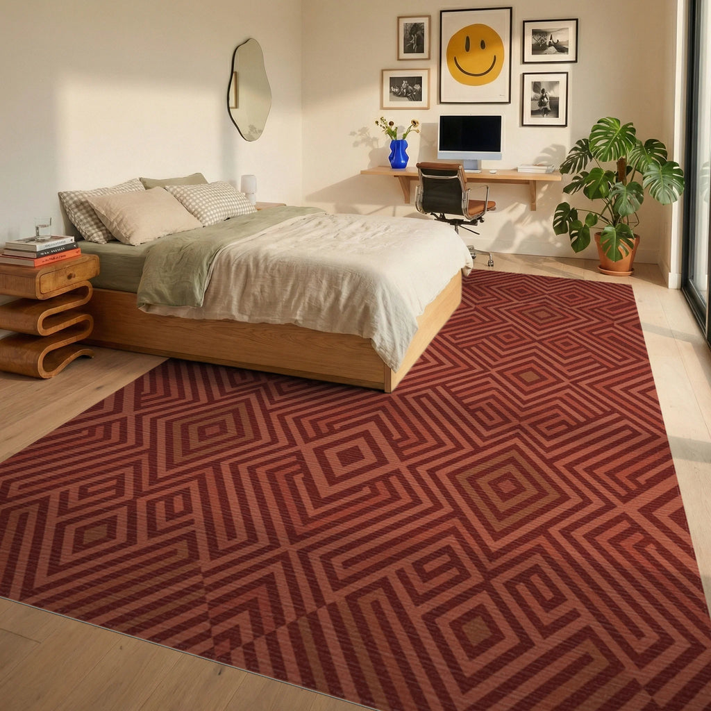 Terracotta Warm Geometric Diamond Rug Bedroom View