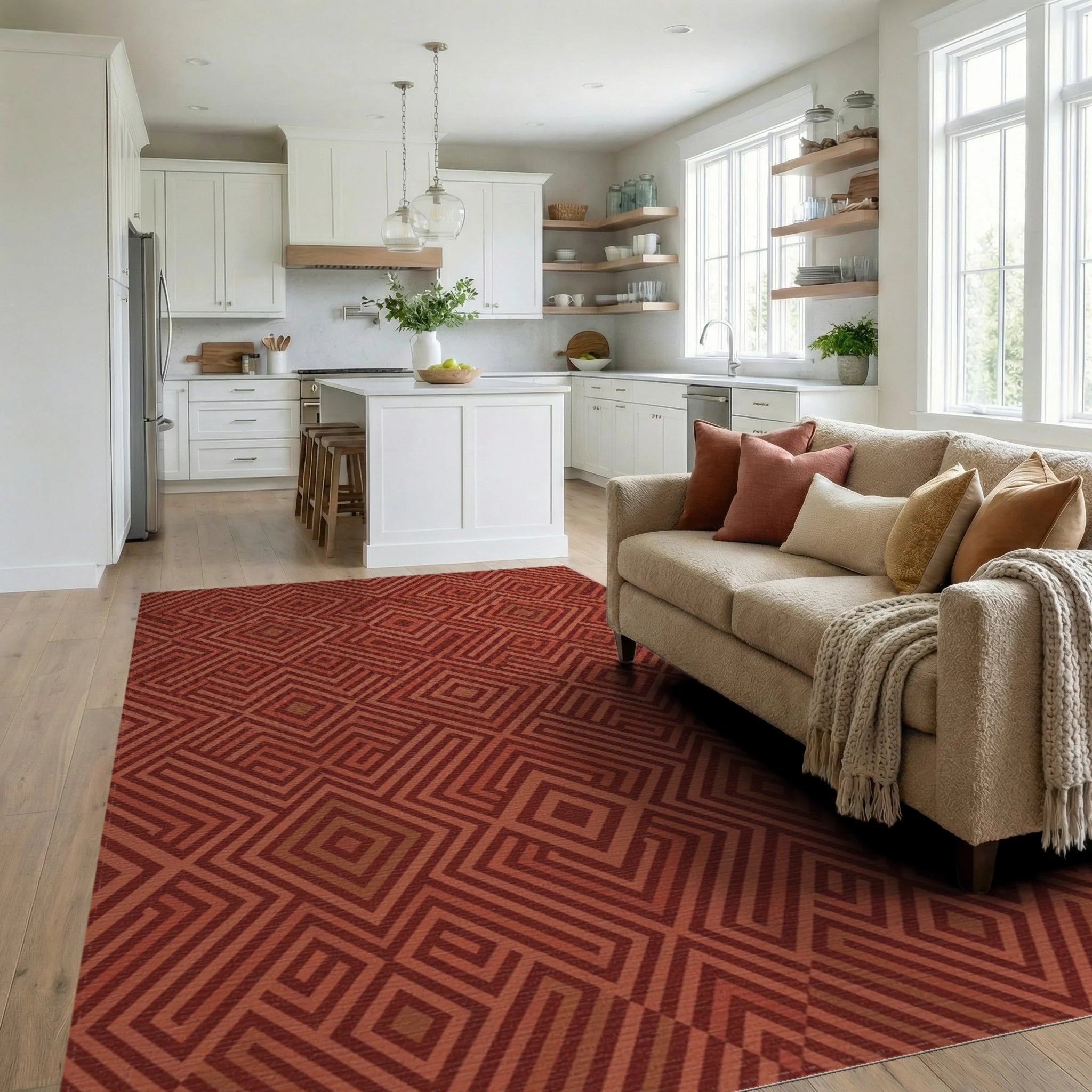 Terracotta Warm Geometric Diamond Rug Living Room View