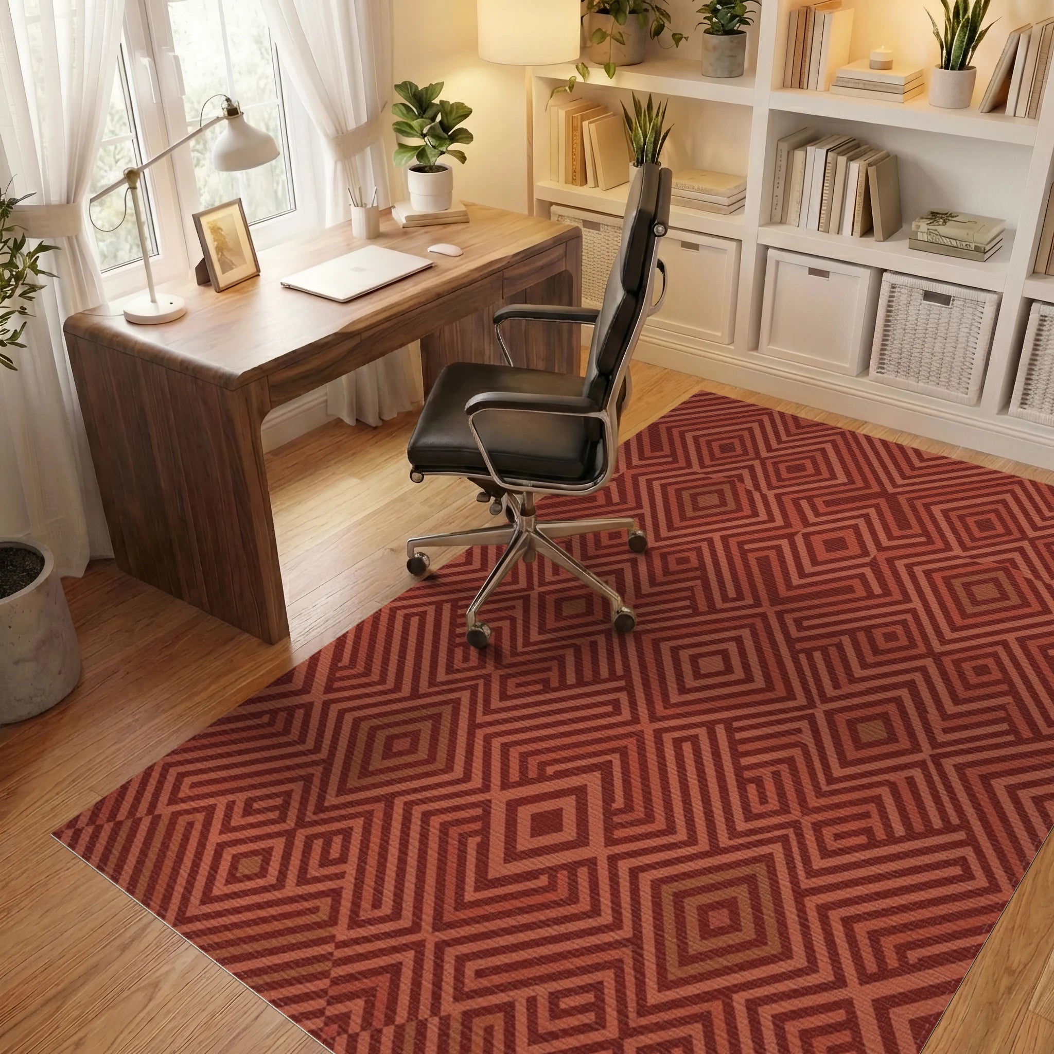 Terracotta Warm Geometric Diamond Rug Office View