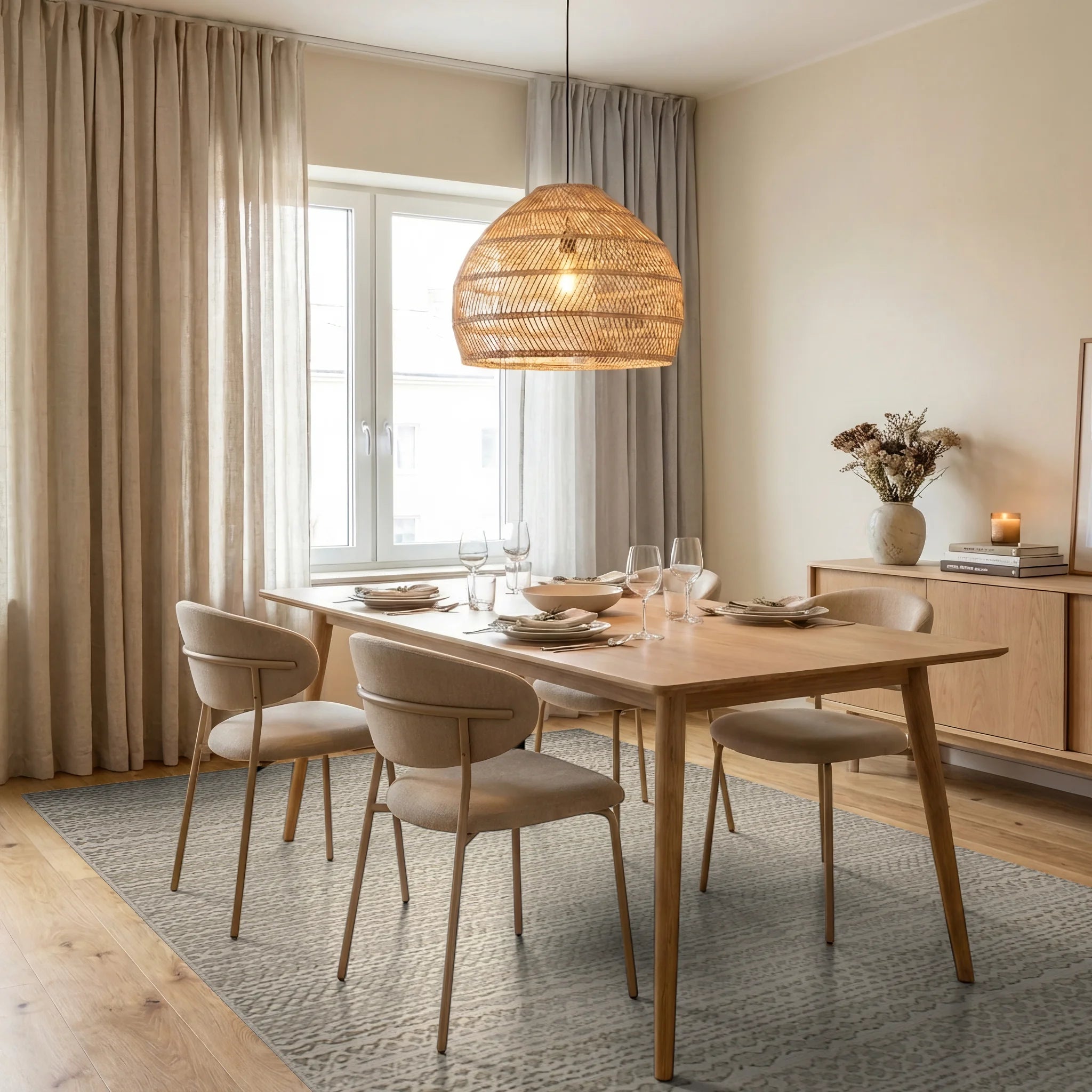 Textured Cream Neutral Stripe Rug - Dining Room View