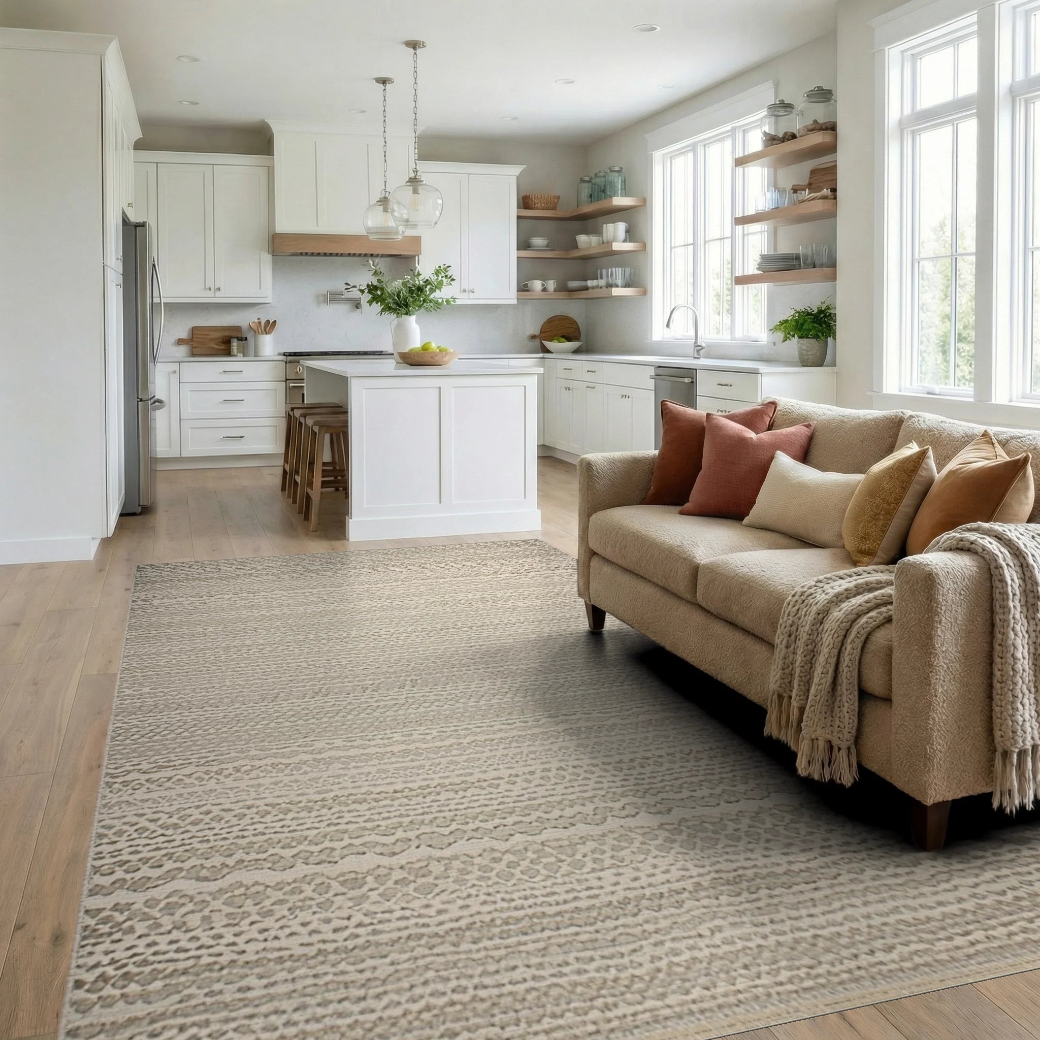 Textured Cream Neutral Stripe Rug - Living Room View