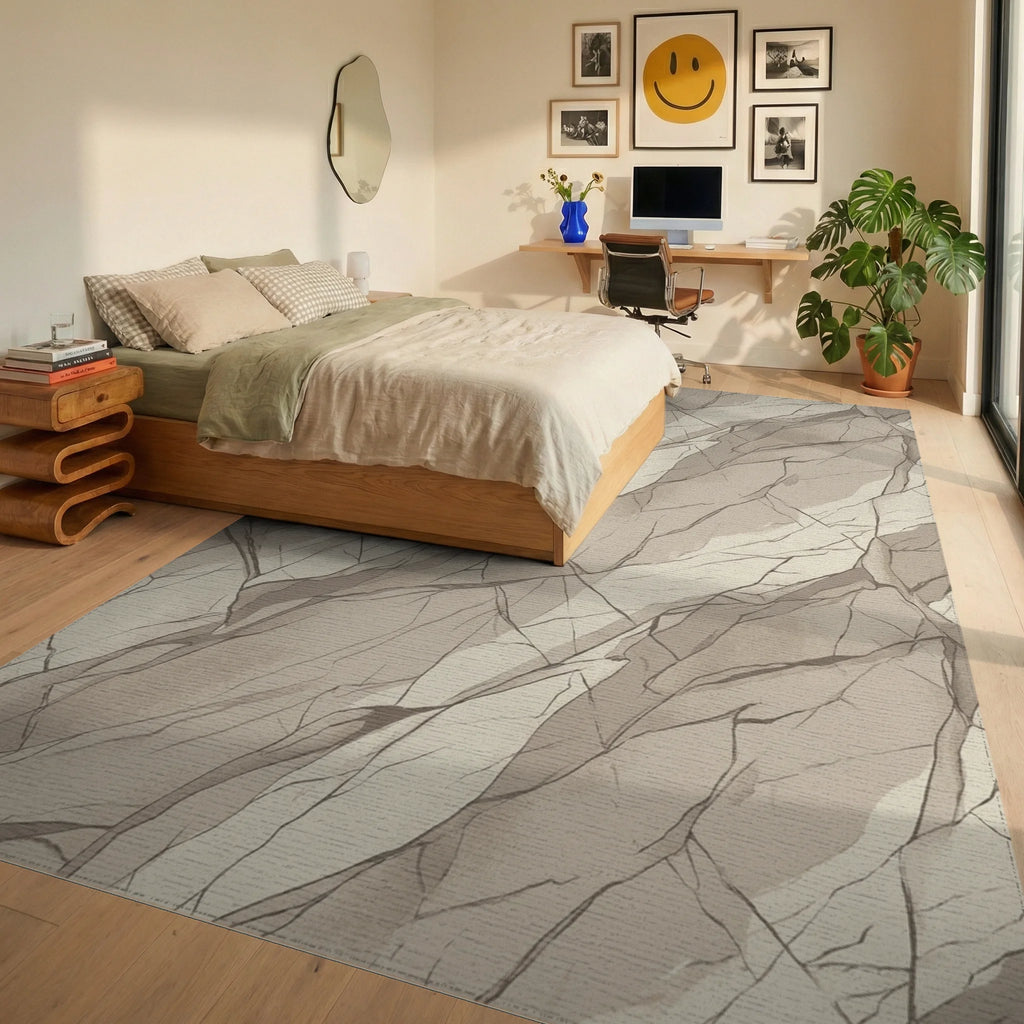 Textured Stone Landscape Cream Rug Bedroom View