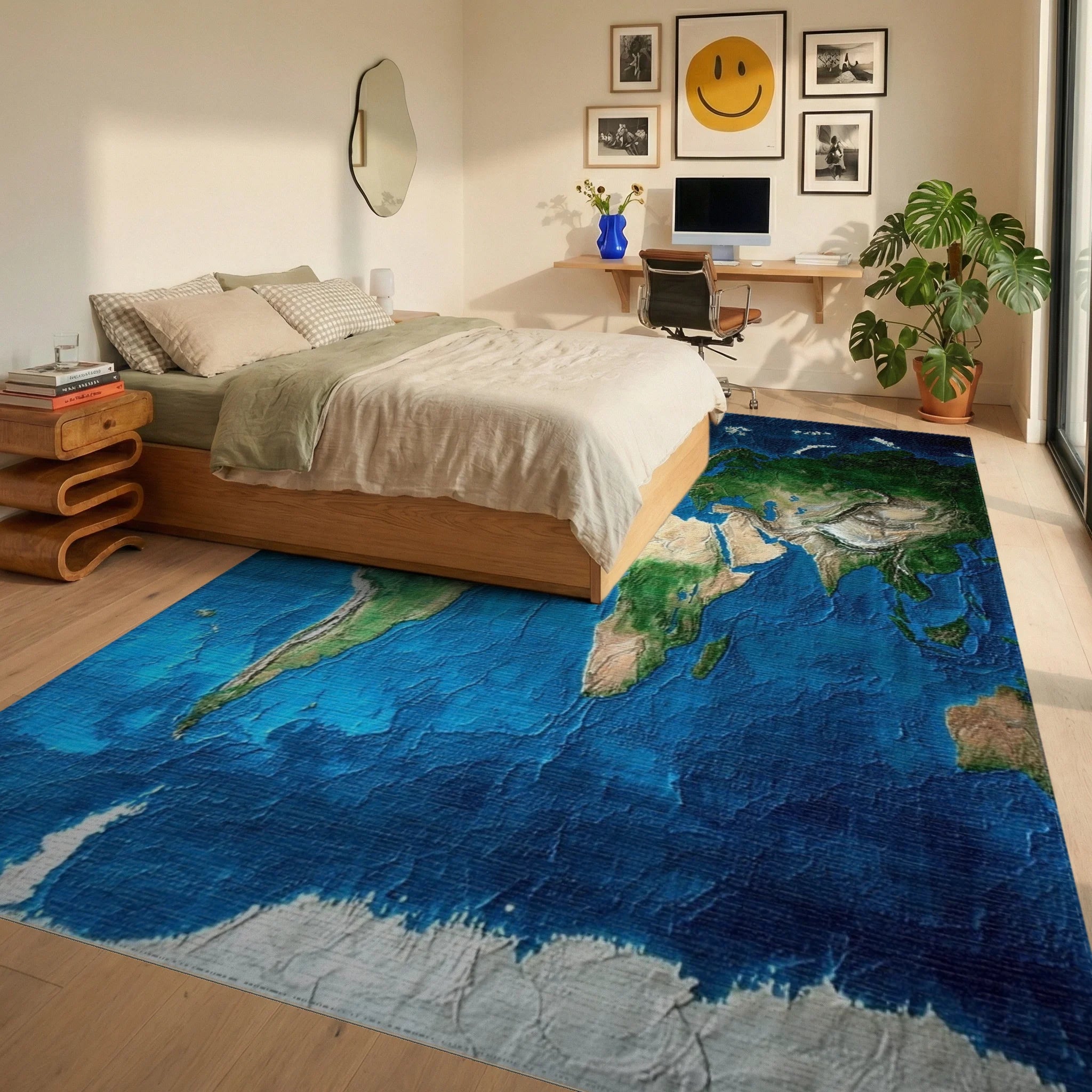 Textured World Map Rug - Bedroom View