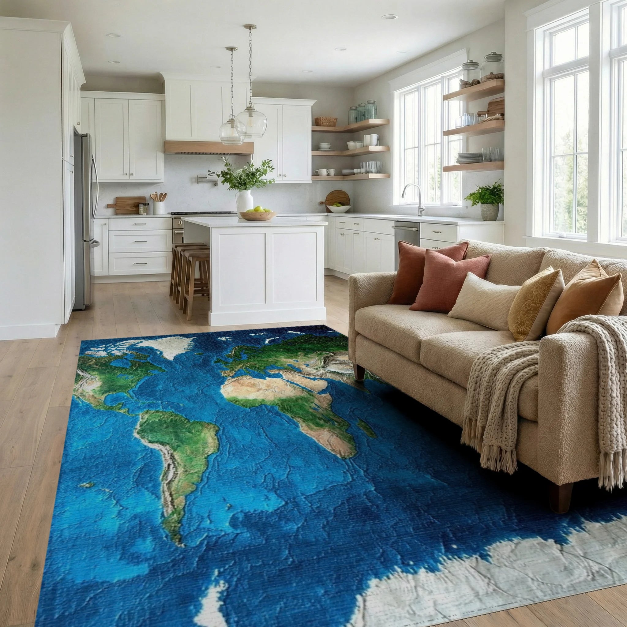 Textured World Map Rug - Living Room View