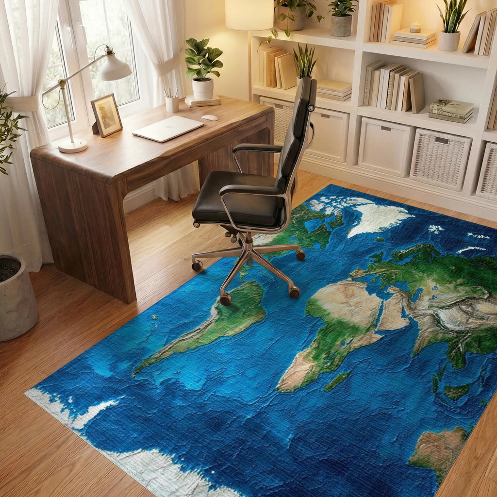 Textured World Map Rug - Office View