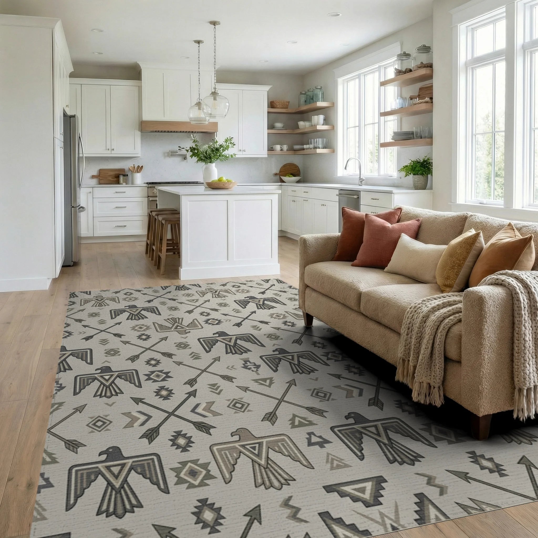 Thunderbird Arrows Neutral Earth Tones Rug Living Room View
