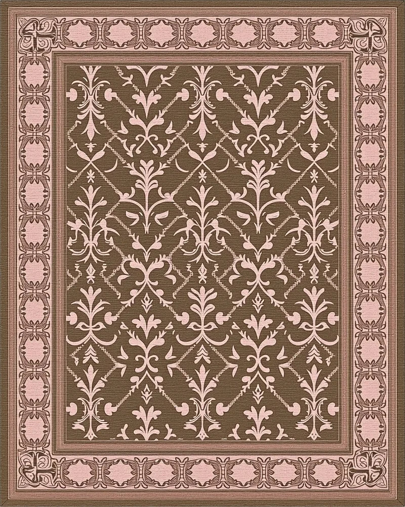 Traditional Damask Patterned Brown Pink Rug - Cutout View