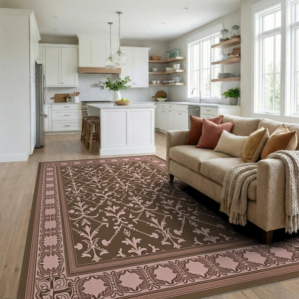Traditional Damask Patterned Brown Pink Rug Living Room View