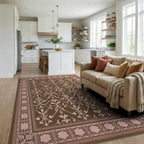 Traditional Damask Patterned Brown Pink Rug Living Room View