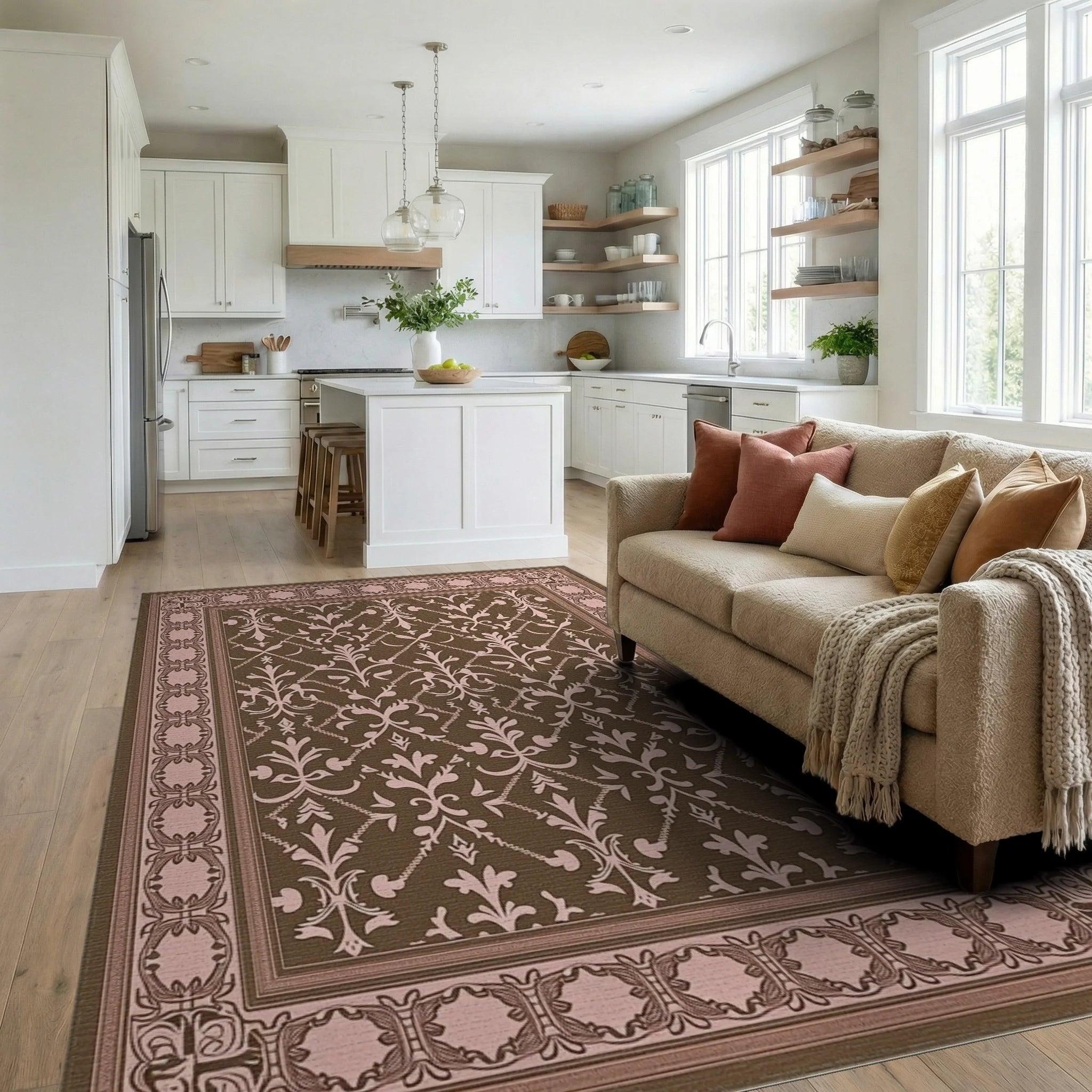 Traditional Damask Patterned Brown Pink Rug Living Room View