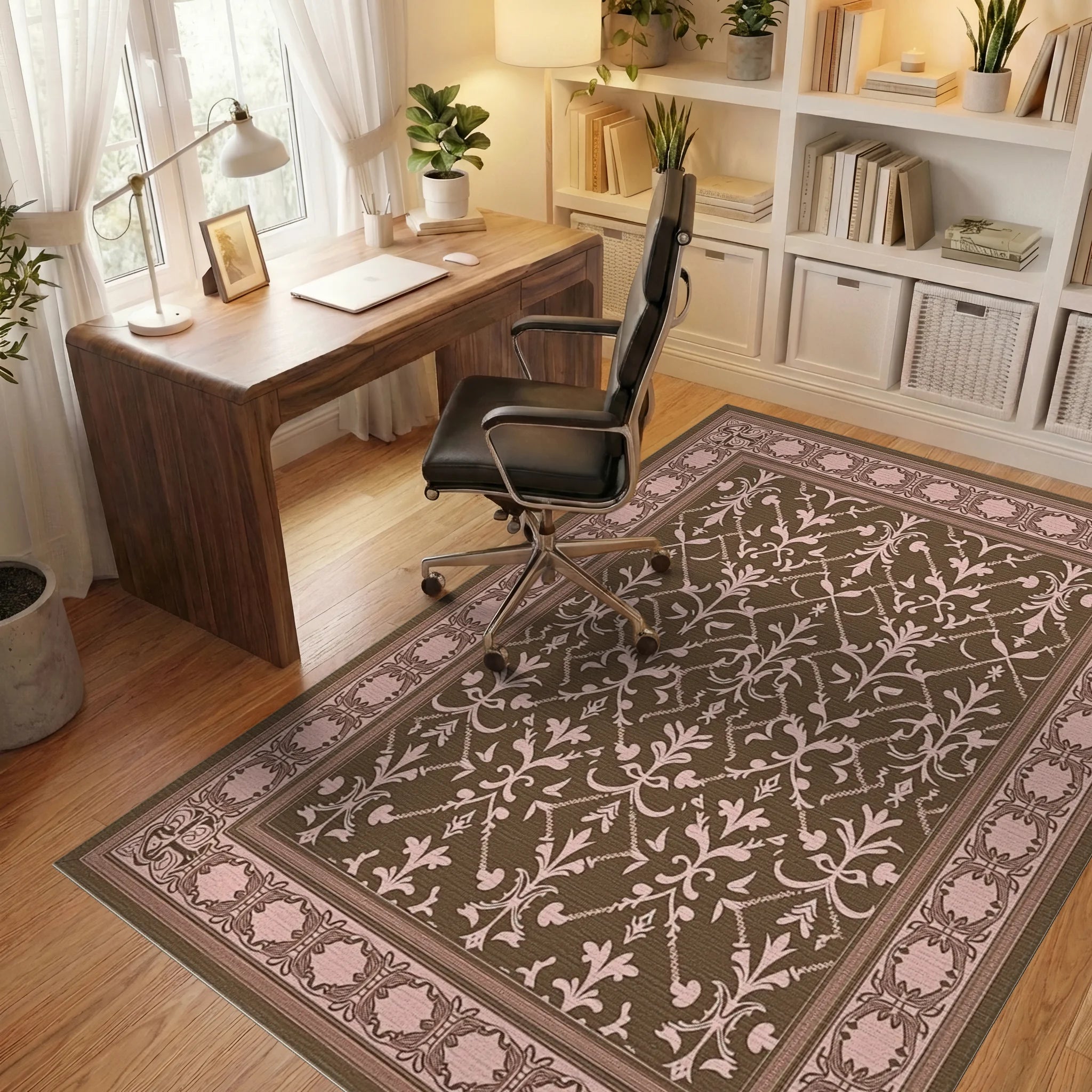 Traditional Damask Patterned Brown Pink Rug Office View