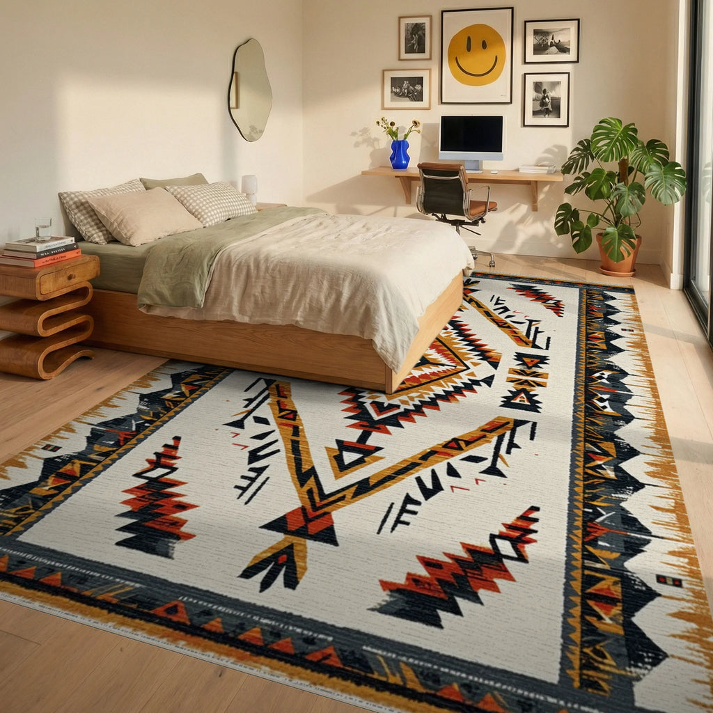 Tribal Earth Tones Diamond Rug - Bedroom View