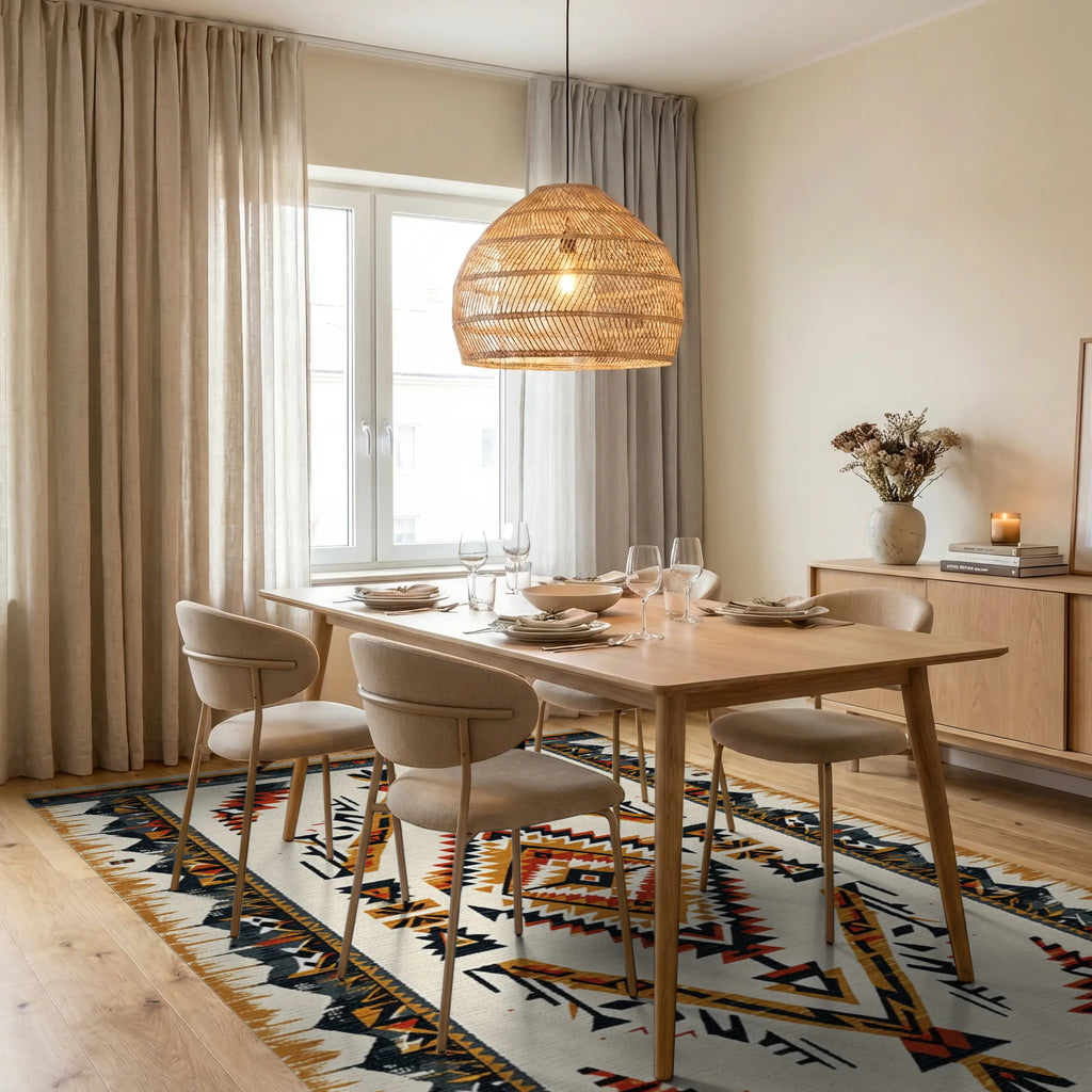 Tribal Earth Tones Diamond Rug - Dining Room View