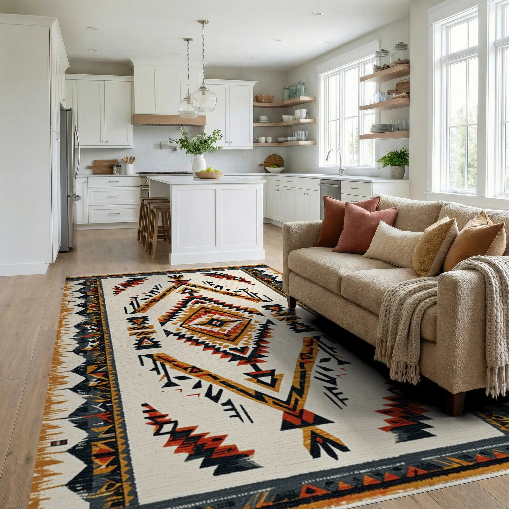 Tribal Earth Tones Diamond Rug - Living Room View