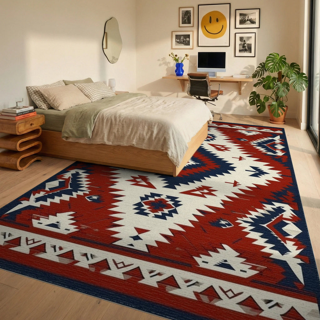 Tribal Geometric Diamond Pattern Rug - Bedroom View