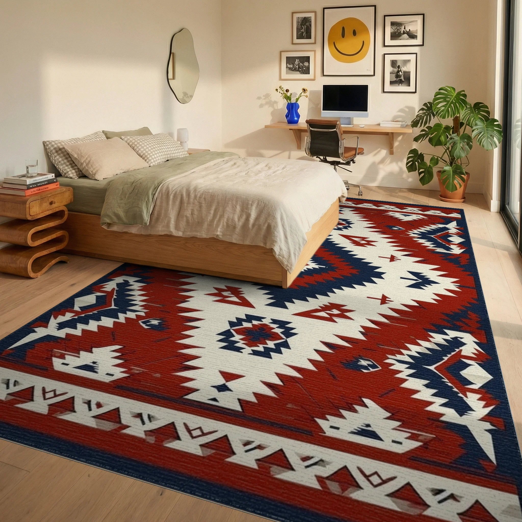 Tribal Geometric Diamond Pattern Rug - Bedroom View
