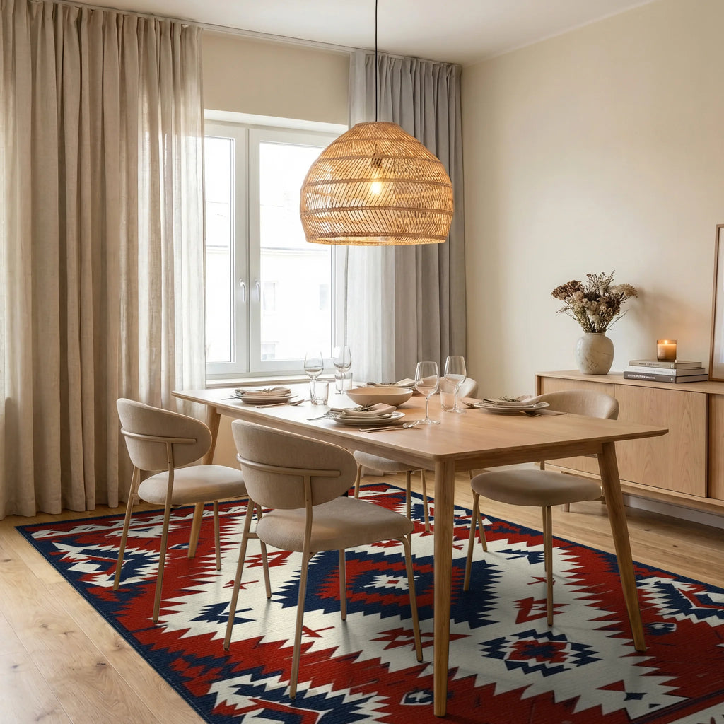 Tribal Geometric Diamond Pattern Rug - Dining Room View