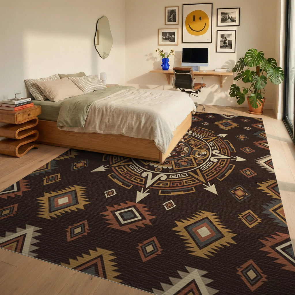 Tribal Sun Ceramic Medallion Terra Cotta Rug Bedroom View