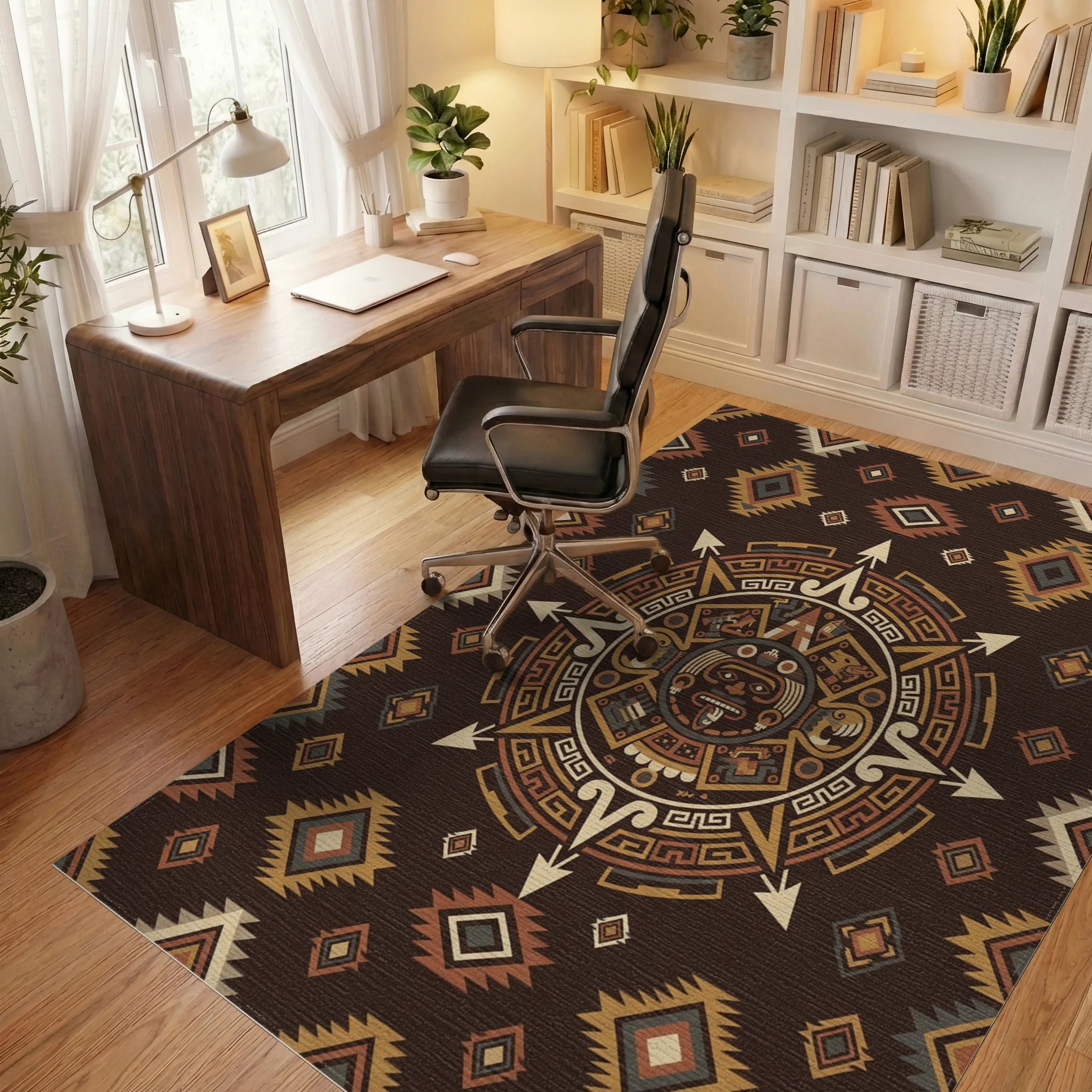 Tribal Sun Ceramic Medallion Terra Cotta Rug Office View