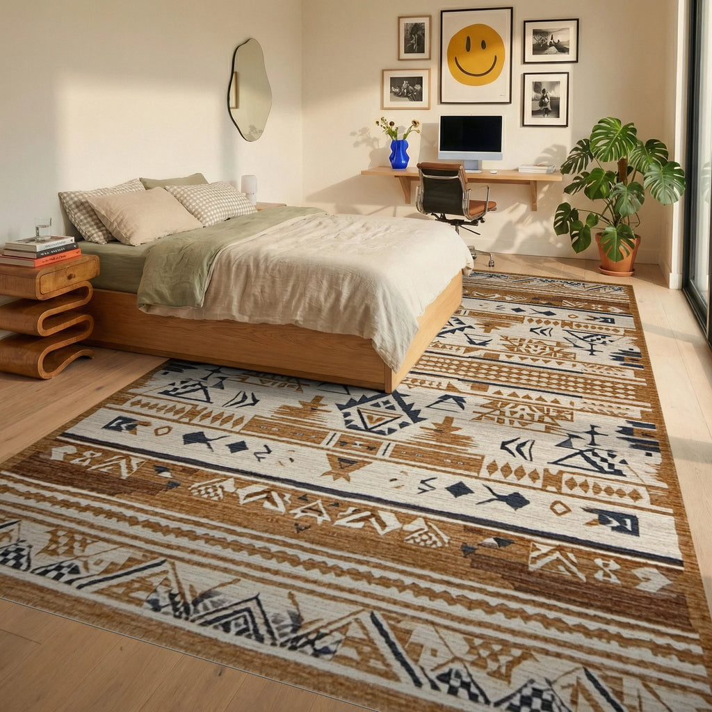 Tribal Terracotta Navy Geometric Rug - Bedroom View