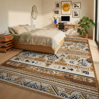 Tribal Terracotta Navy Geometric Rug - Bedroom View