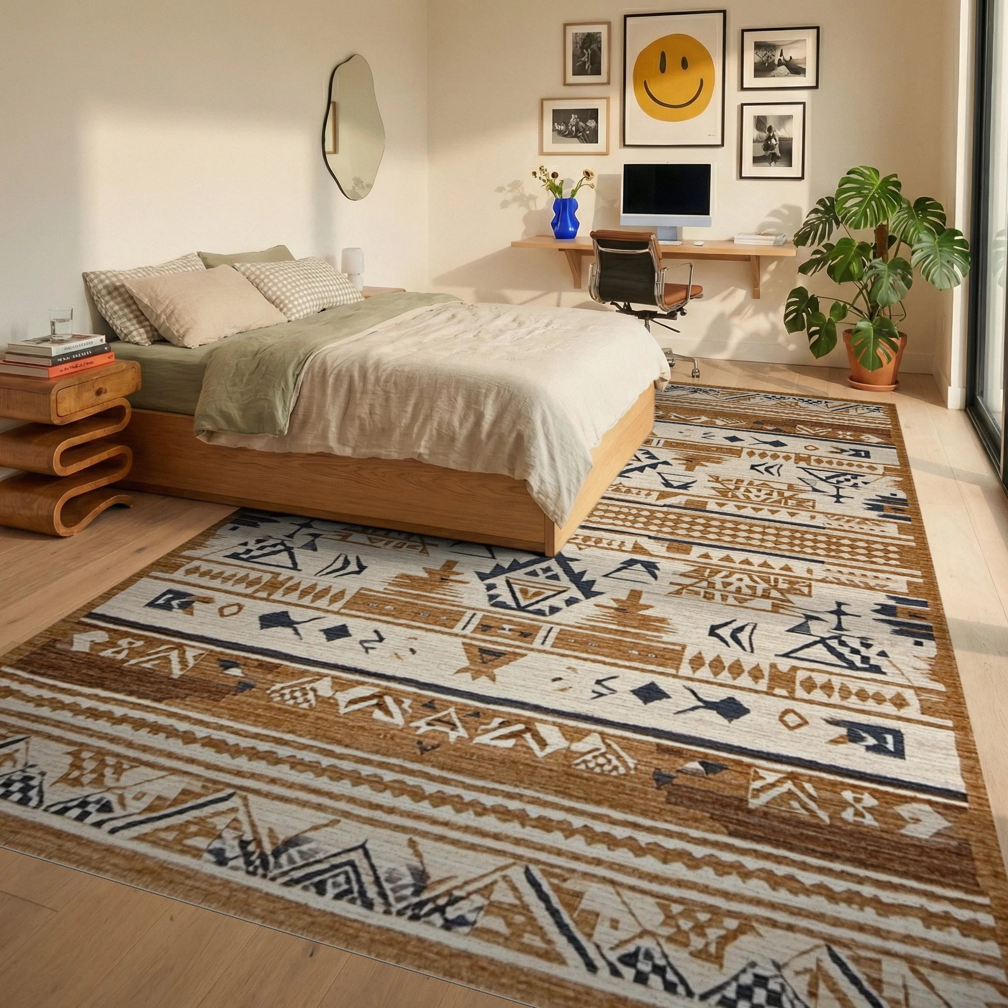 Tribal Terracotta Navy Geometric Rug - Bedroom View