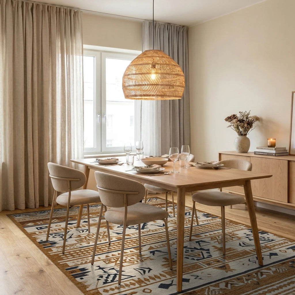 Tribal Terracotta Navy Geometric Rug - Dining Room View