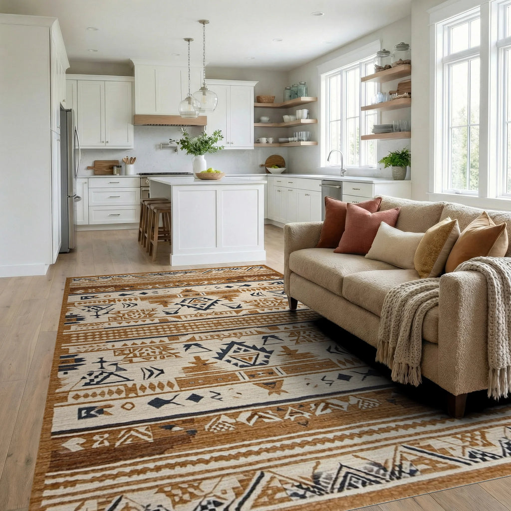 Tribal Terracotta Navy Geometric Rug - Living Room View