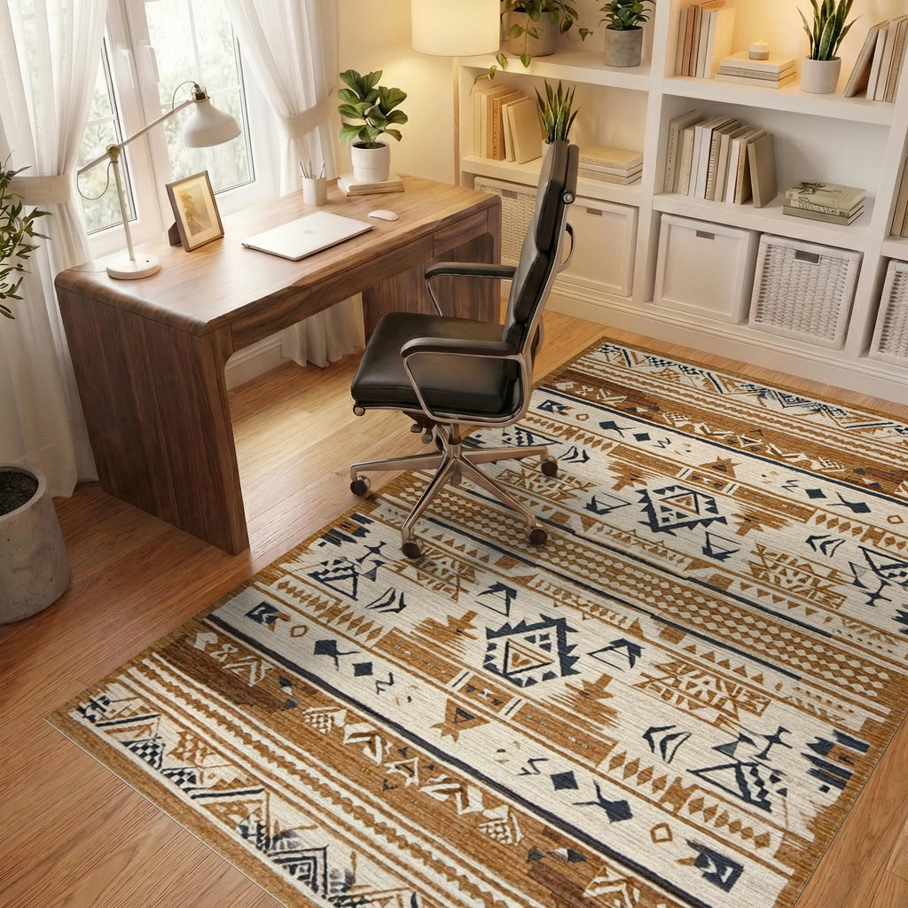 Tribal Terracotta Navy Geometric Rug - Office View