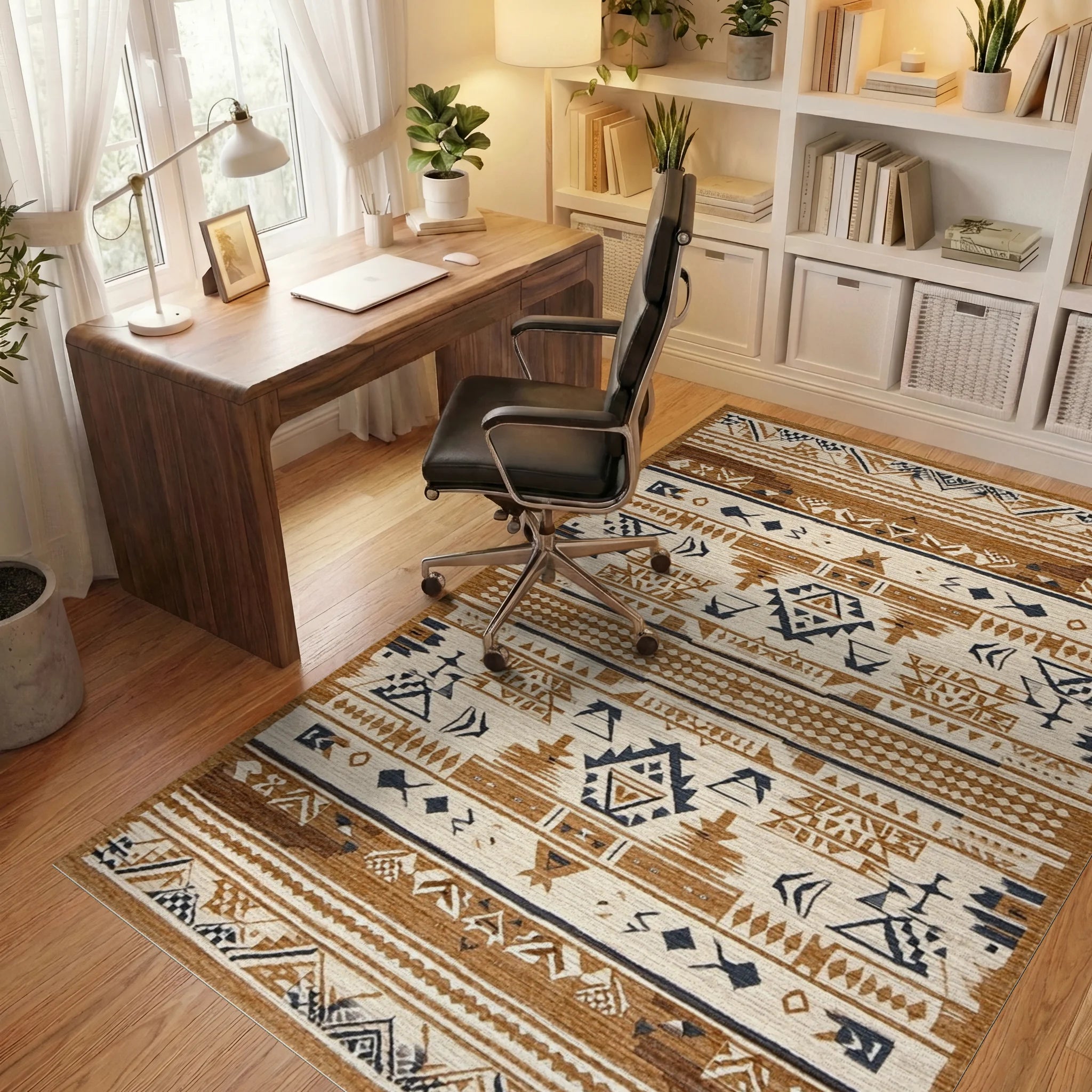 Tribal Terracotta Navy Geometric Rug - Office View