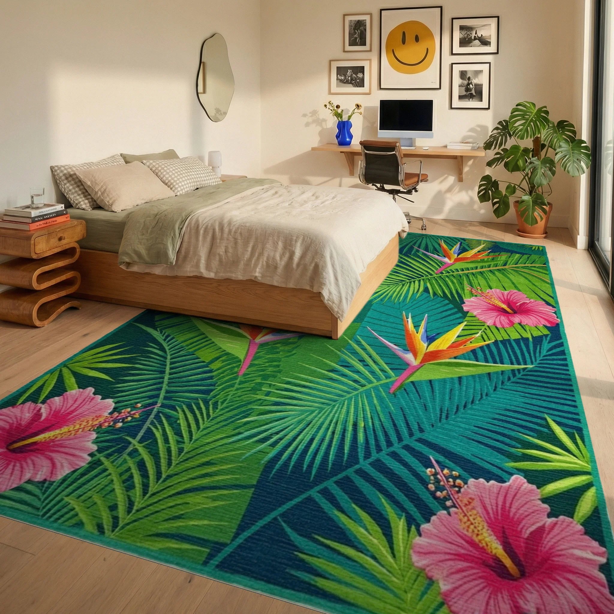 Tropical Bird of Paradise Hibiscus Leaves Rug - Bedroom View