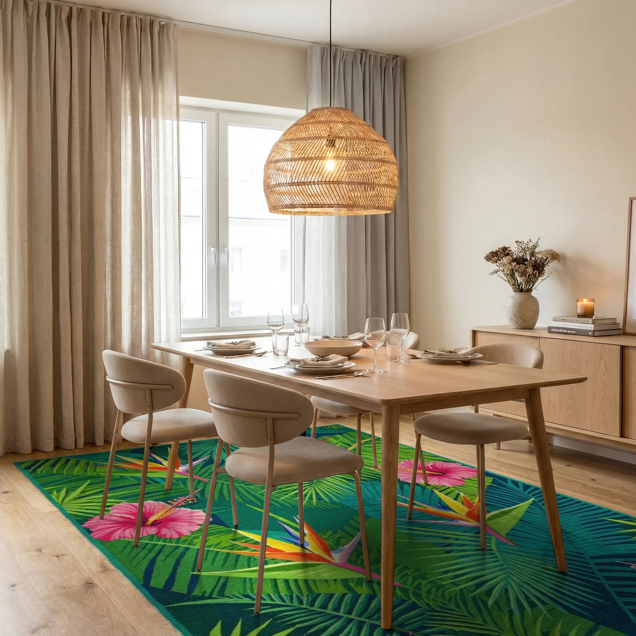 Tropical Bird of Paradise Hibiscus Leaves Rug - Dining Room View