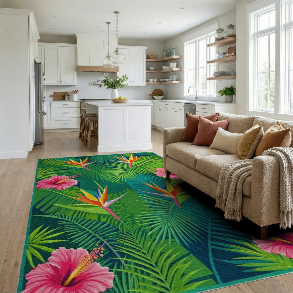 Tropical Bird of Paradise Hibiscus Leaves Rug - Living Room View
