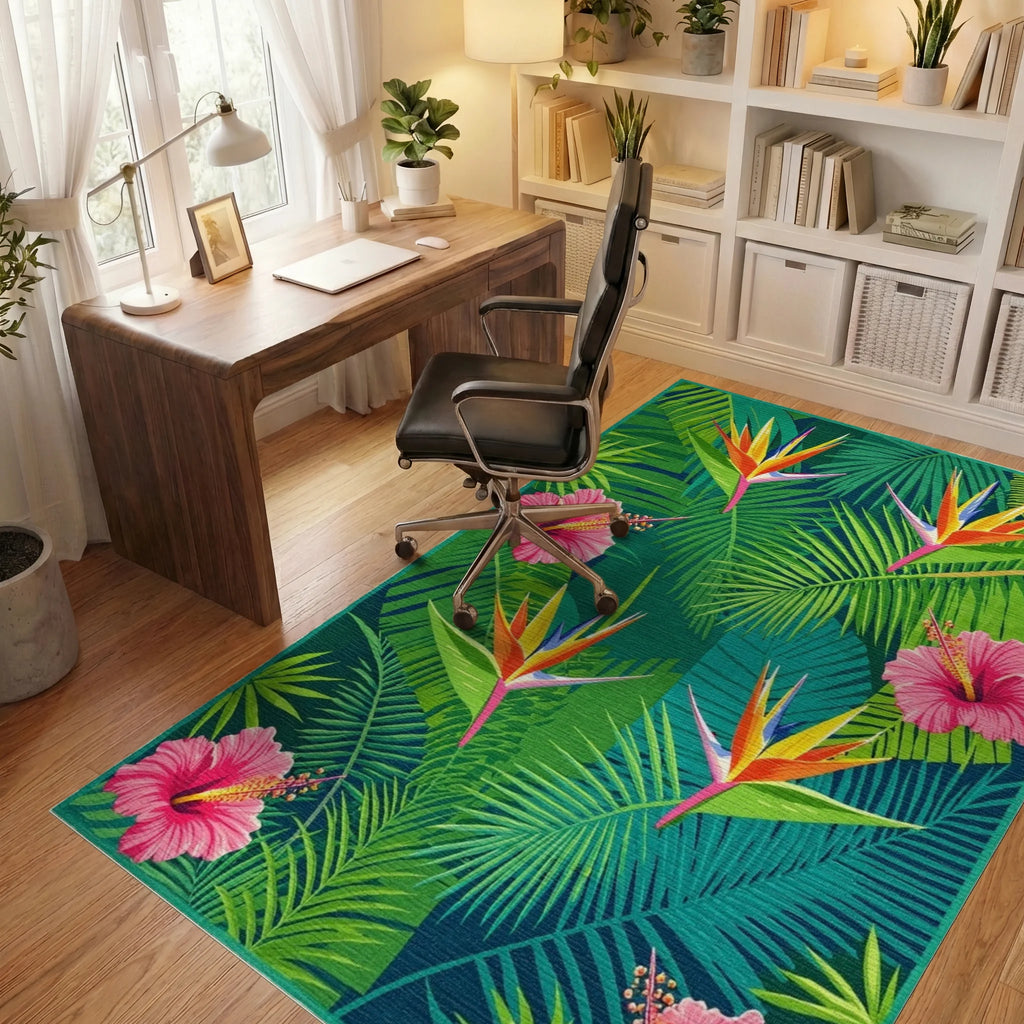 Tropical Bird of Paradise Hibiscus Leaves Rug - Office View