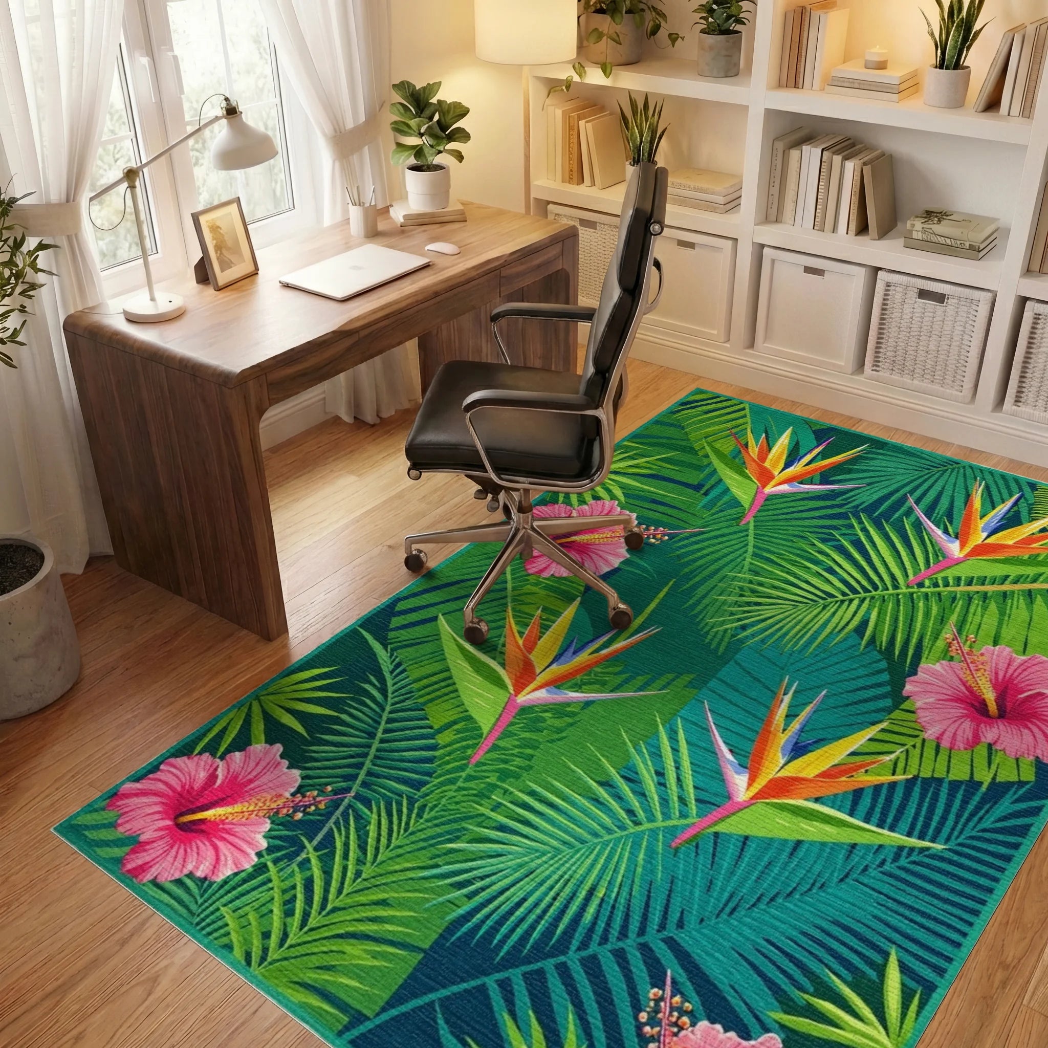 Tropical Bird of Paradise Hibiscus Leaves Rug - Office View