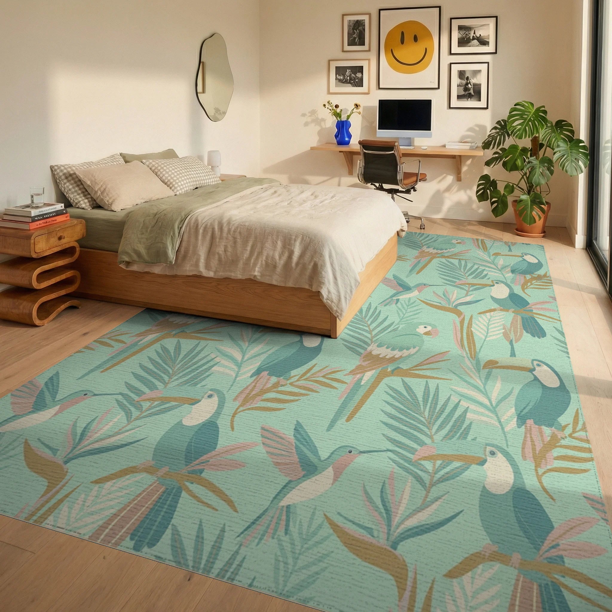 Tropical Birds and Botanicals Medley Rug Bedroom View